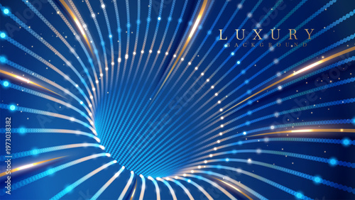 Abstract luxury blue background displaying elegant glow particle gold circle. Vector illustration.
