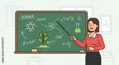 Female Teacher Explaining Science Formulas and Plant Growth on Green Chalkboard