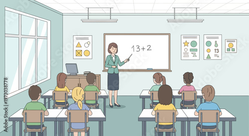 Teacher Instructing Students in a Classroom, Math Lesson on Whiteboard