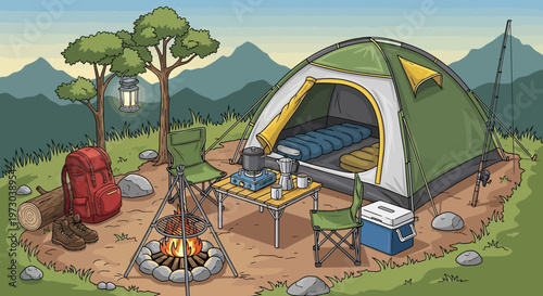 Cozy Campsite Scene: Tent, Campfire, Backpack, and Nature