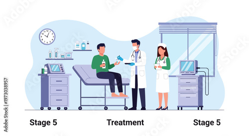 Doctor and nurse attending to patient in medical treatment room, illustration