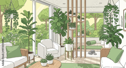 Cozy living room filled with lush houseplants and natural light, opening to a serene garden view.