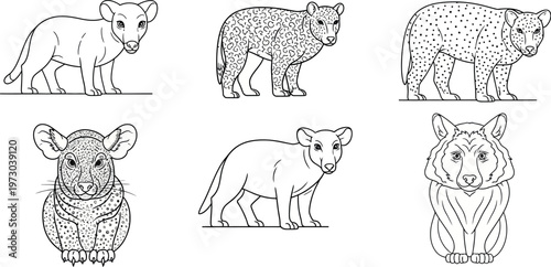 A funny cartoon vector illustration set of wild and farm animals including a lion, elephant, giraffe, and pig for a nature zoo collection