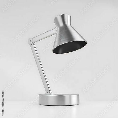 A sleek and modern silver desk lamp on a white background