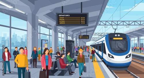 Busy Train Station Platform with Modern Train and Commuters Waiting