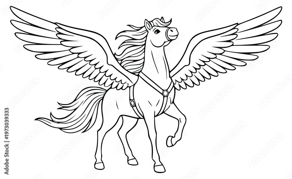 Obraz premium Pegasus coloring book page with a winged horse wearing a leather harness