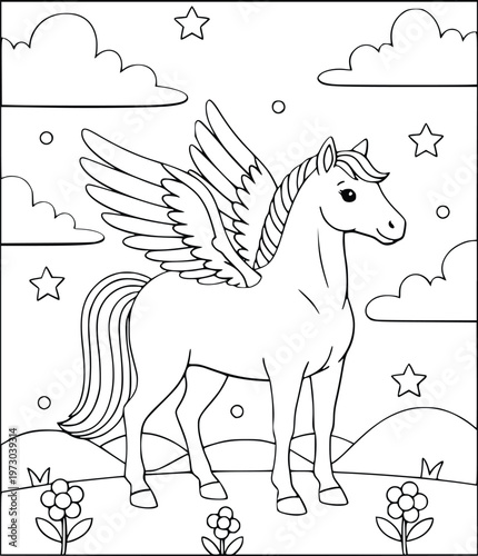  Pegasus coloring book page with a winged horse standing in a flower field