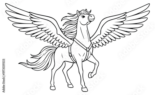  Pegasus coloring book page with a winged horse wearing a leather harness