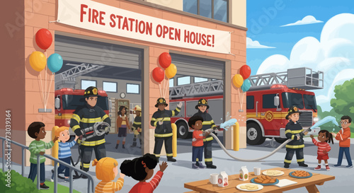 fire station open house event with firefighters and children vector illustration