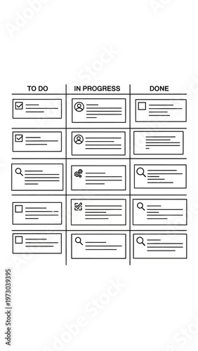 Kanban Board with Task Cards and Icons.