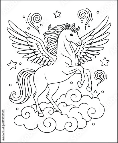 Pegasus coloring book page with a winged horse rearing on a large cloud