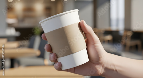 A hand holding a white disposable coffee cup with a brown sleeve in a blurred cafe background.