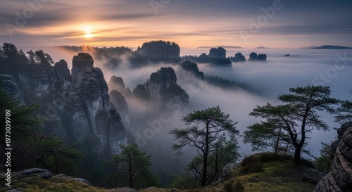 Misty Sunrise over Bastei Bridge and Elbe Sandstone Mountains in Saxon Switzerland National Park.