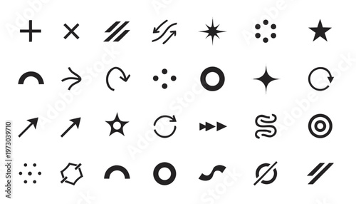 Set of 25 simple abstract symbols including plus cross arrow star circle and more on white background