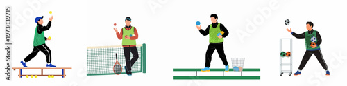 Set of illustrations depicting male sports assistants and ball boys handling equipment for tennis and soccer training sessions on a white background.