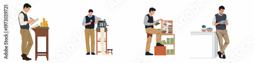 Flat vector illustrations showing the evolution of accounting from traditional manual methods with ledgers and abacuses to modern digital financial management on a tablet.