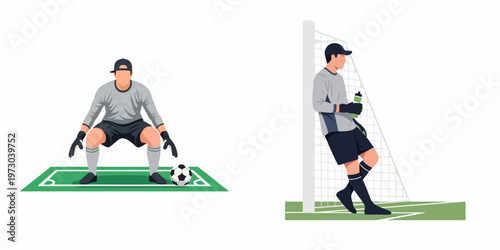 Flat vector illustration set showing a soccer goalkeeper in a defensive stance and resting by the goal post with a water bottle.