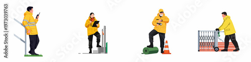 Vector illustration set of event security and maintenance staff in yellow high-visibility uniforms performing various duties on white background.