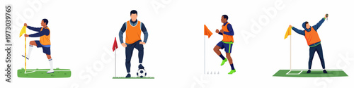 Flat vector illustrations of soccer players and a coach during training sessions, drills, and match preparation on the field.
