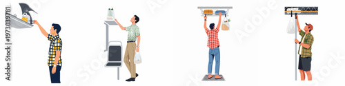 Set of flat vector illustrations depicting men placing bags and groceries in overhead storage bins on public transport.