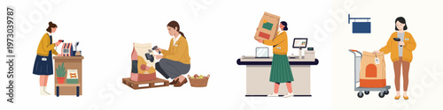 Flat illustration collection of female pet shop staff scanning, carrying, and managing inventory of heavy pet food bags in store settings.