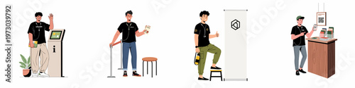Vector illustrations of male event staff providing various services including information assistance, ticketing, and digital check-in.