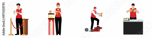 Set of cinema staff characters in red uniforms performing various duties like checking tickets, serving popcorn, and welcoming guests on the red carpet.