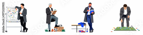 Set of four professional soccer coach illustrations featuring tactical board, clipboard, tablet, and miniature pitch for sports management and strategy planning.
