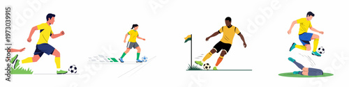 Set of flat vector illustrations featuring diverse soccer players performing various game actions, including dribbling, kicking, and evading tackles.