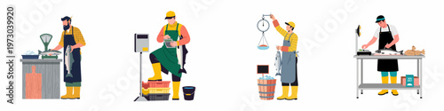 Collection of flat vector illustrations featuring fishmongers weighing and preparing fresh salmon in a market setting, isolated on white background.