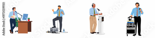 Set of flat vector illustrations of professional male commentators, radio hosts, and broadcast technicians in various workspace settings.