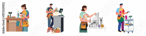 Diverse Creative Workers in Tie-Dye Shirts Managing Retail Operations and Craft Inventory with Technology in a Modern Workspace Illustration.