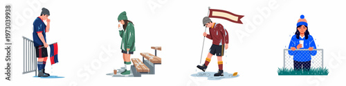 Set of sad sports fans and players crying in the rain after a losing game, showing disappointment and defeat in a flat vector style.