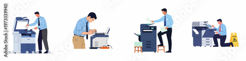 Set of illustrations showing men using, maintaining, and repairing office printers and photocopiers in professional work environments.
