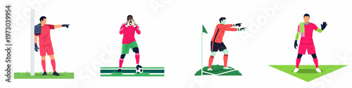 Set of flat vector illustrations featuring soccer goalkeepers in various poses and situations on the field, from pointing to defending the goal.