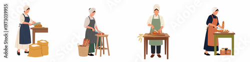 Set of flat vector illustrations of female bakers in aprons slicing fresh bread at wooden tables with flour bags and wheat stalks.