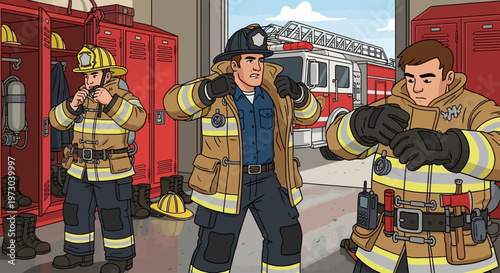 Firefighters preparing in a fire station vector illustration