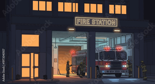 fire station at night with firefighter and truck vector illustration
