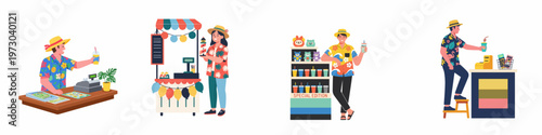 Set of flat illustrations featuring young people working at tropical beach resort souvenir and refreshment stands during summer vacation.