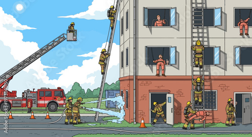 Firefighters rescuing people from a burning building vector illustration