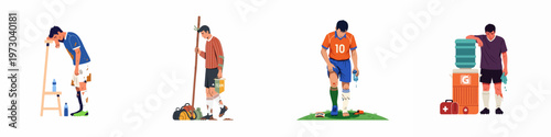 Illustration set of exhausted and defeated soccer players after a match, depicting loss, fatigue, and sports-related injuries on a white background.