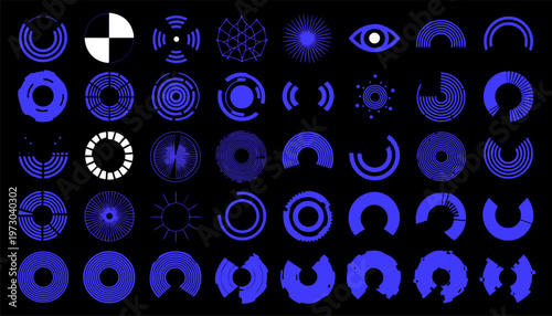 Collection of 40 sci fi hud interface elements in blue and white on black background for futuristic designs