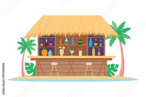 Summer beach tiki bar by the sea. Tropical hut made of wood and bamboo with a thatched roof and palms. Vector illustration of a summer cafe by the sea with cocktails and fruit.