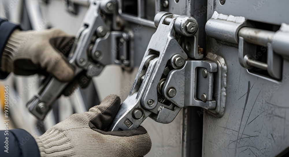 Fototapeta premium Detailed View of Aircraft Cargo Container Locking System, Industrial Aviation Freight Security and Handling Concept