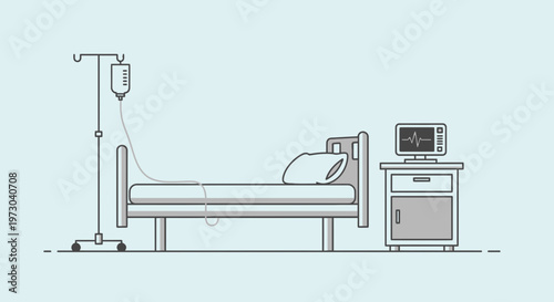Hospital Room with IV Drip, Bed, and Monitor - Medical Illustration