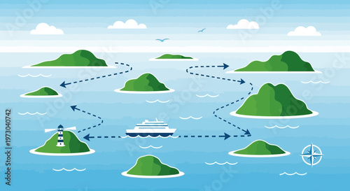 Cruise Ship Navigation Map: Islands, Lighthouse, Compass, and Route