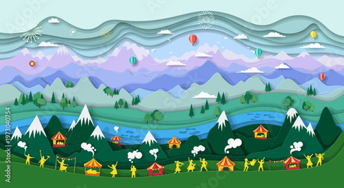 Whimsical paper cut landscape illustration of a mountain festival celebration.