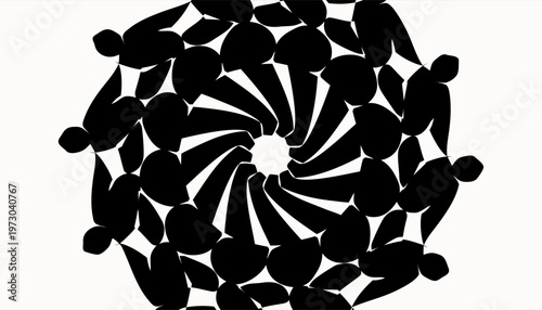 Black human silhouettes form spiral pattern on white background symbolizing unity and togetherness in a circular motion