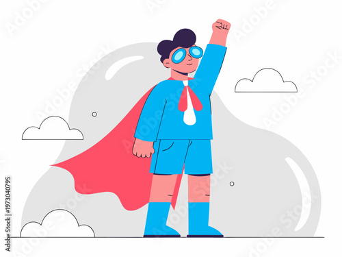 Vector illustration of a brave little boy wearing a superhero costume and red cape