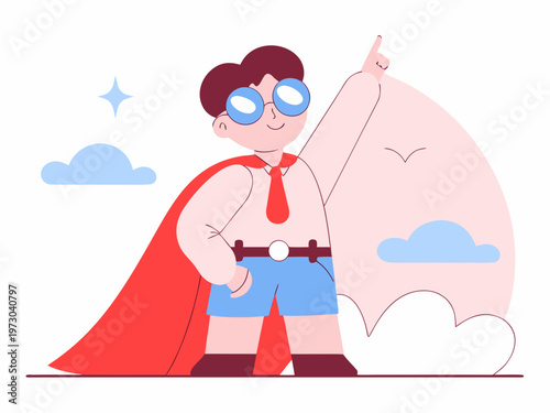 Little boy dressed as superhero with red cape pointing up at the sky